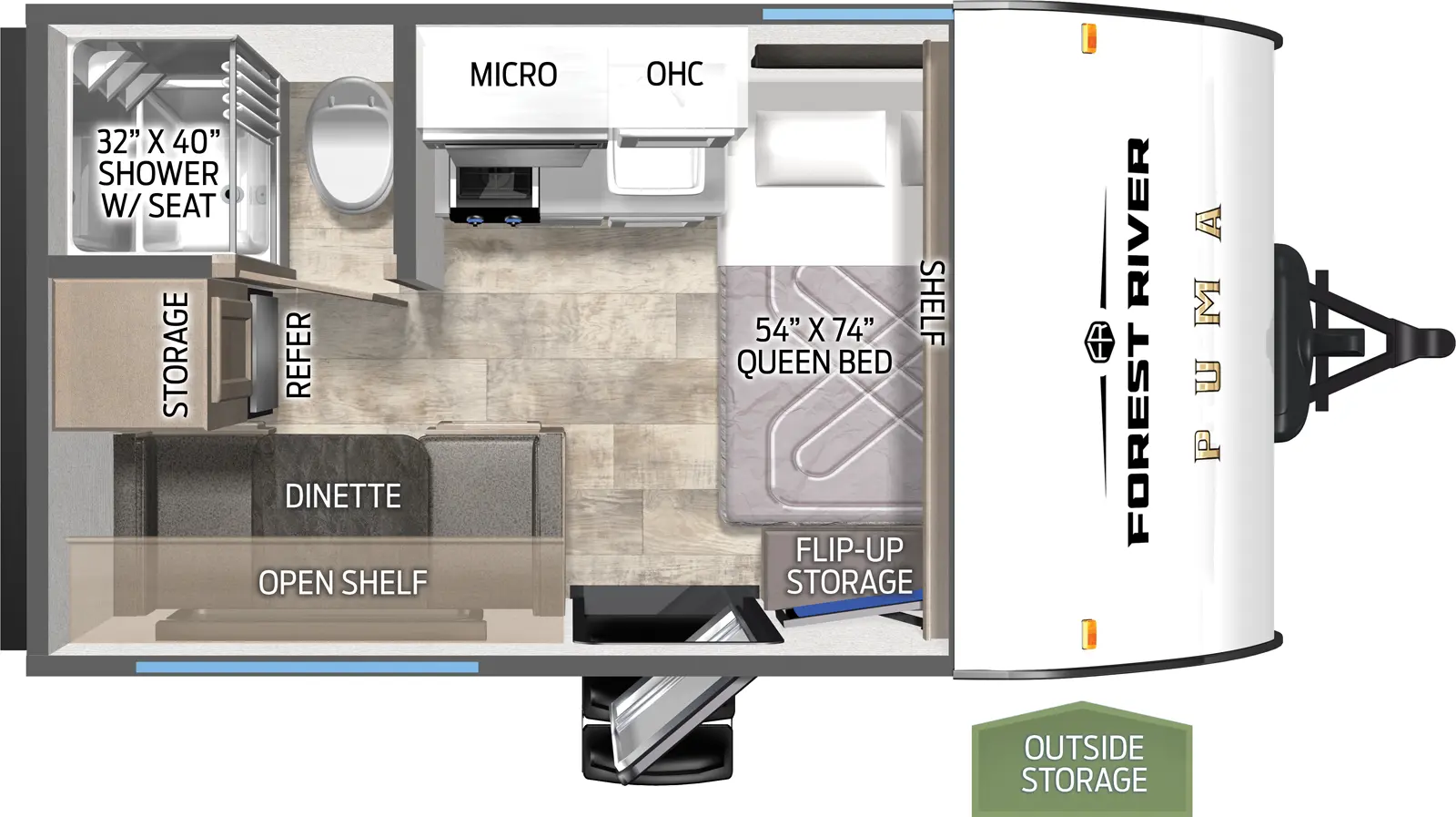 The Puma Camping Edition 123RDCE floorplan has one entry and zero slide outs. Exterior features include: metal exterior and 16' awning. Interiors features include: front bedroom.